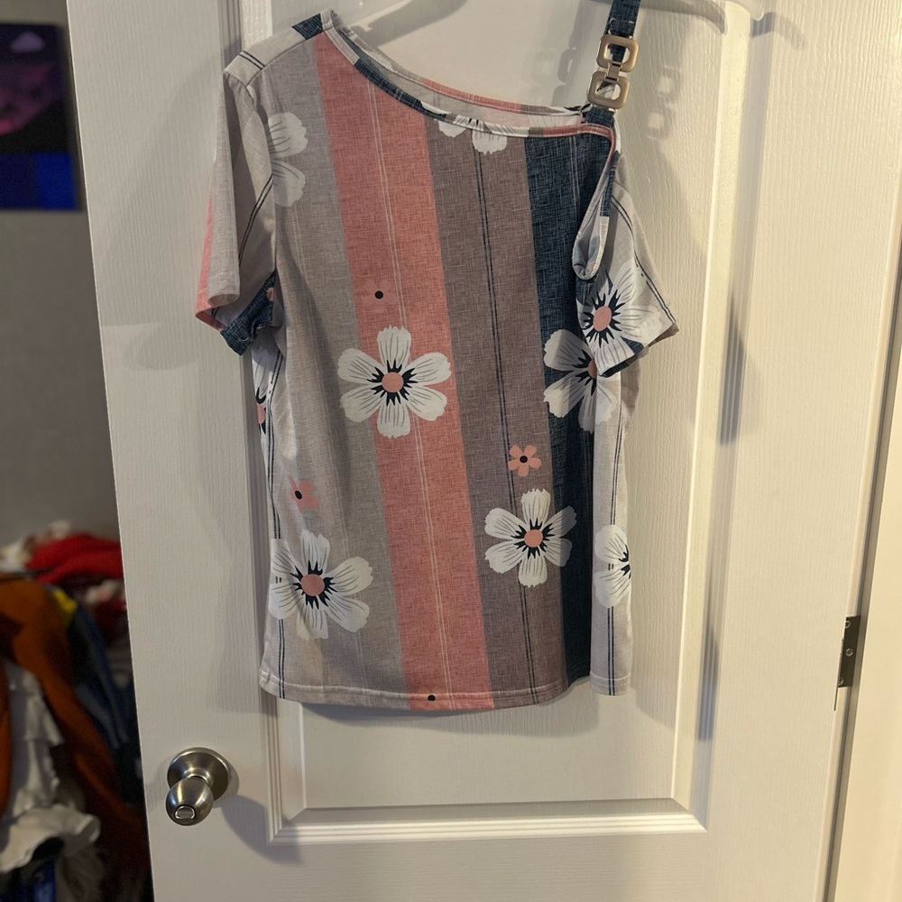 Asymmetrical Pink and Blue Short Sleeve T-Shirt